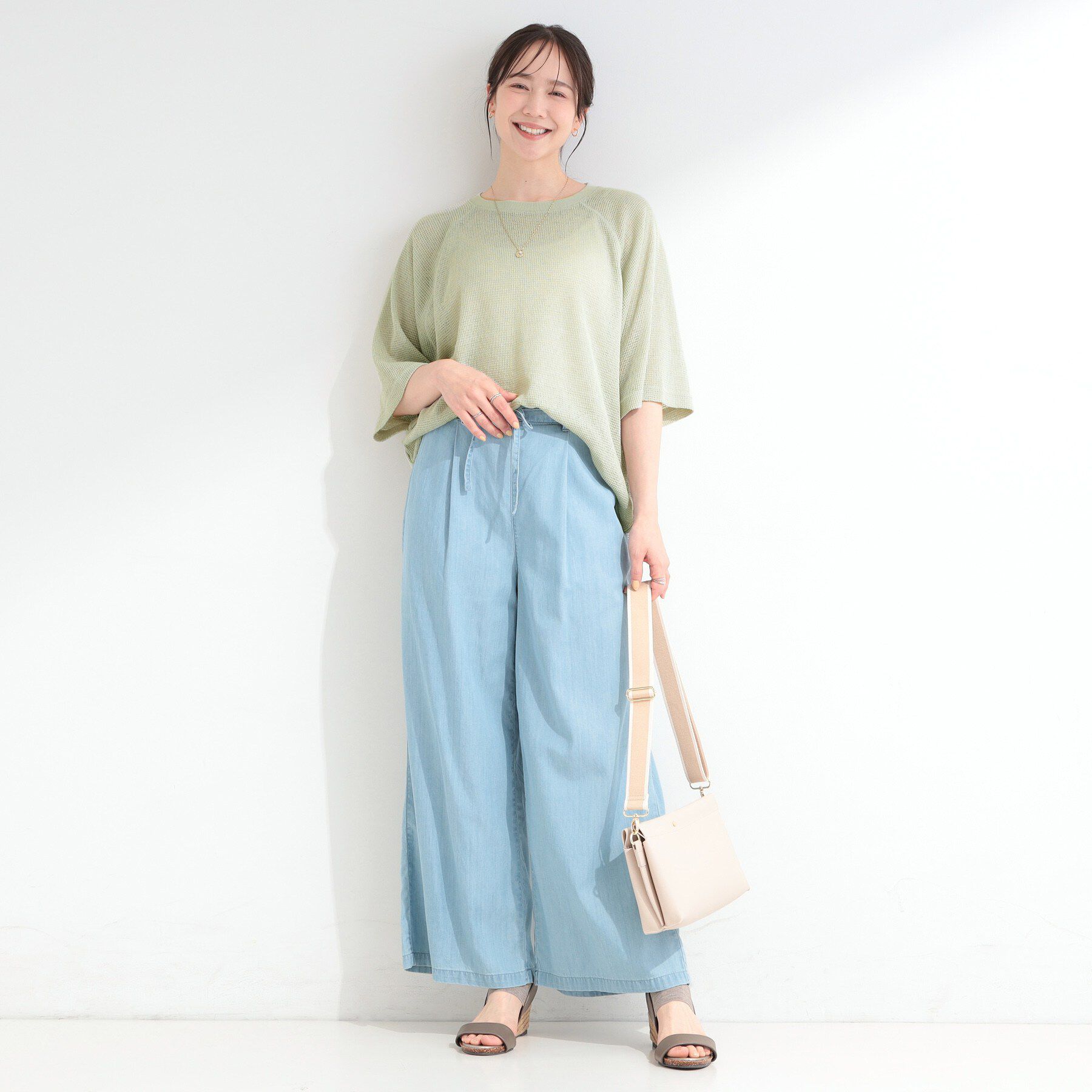SHOO･LA･RUE「【S-LL】シアーワッフル ラグラン5分袖ゆるTシャツ」|Tシャツ・カットソー|
