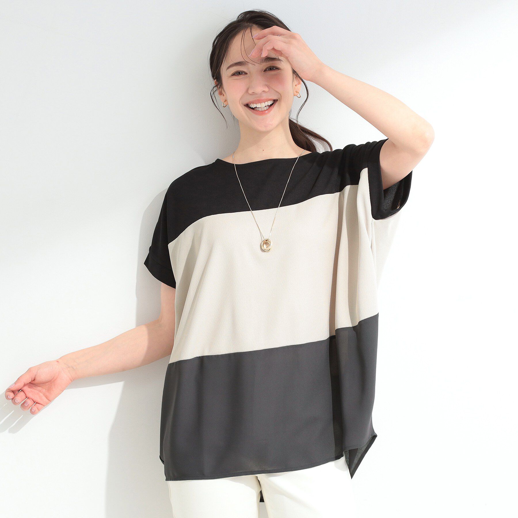 SHOO･LA･RUE「【S-LL/洗濯機可/体型カバー】インせず着られる 異素材ブロッキング ドルマンＴシャツ」|Tシャツ・カットソー|