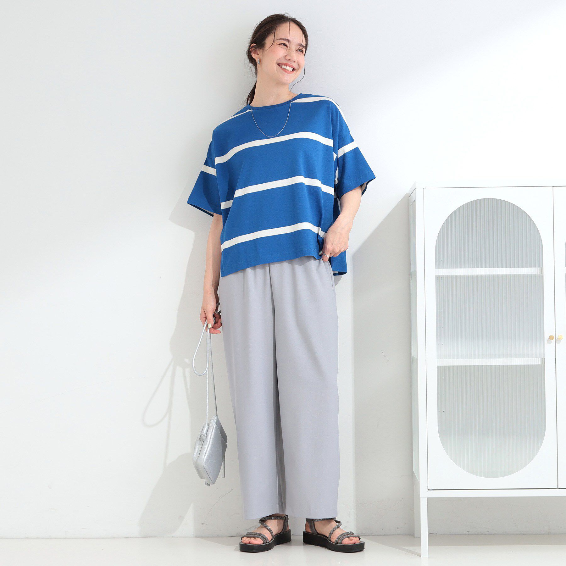 SHOO･LA･RUE「【ひんやり/S-LL】涼しげで爽やか 太ボーダー斜め切り替えTシャツ」|Tシャツ・カットソー|
