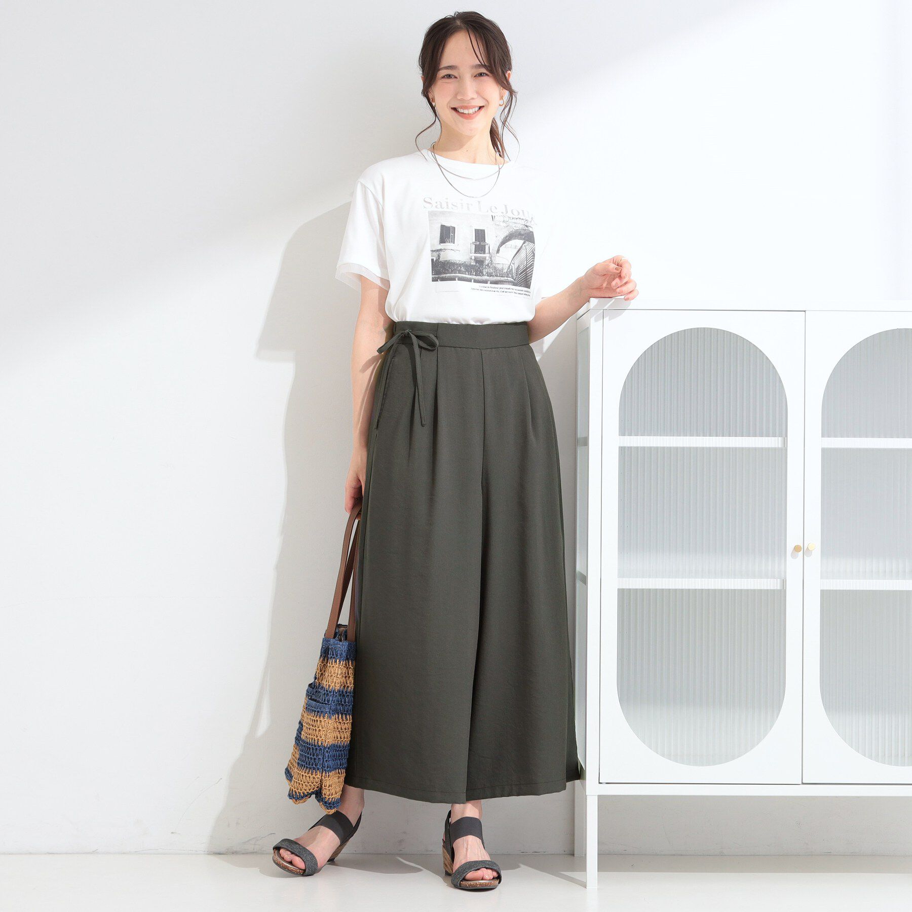 SHOO･LA･RUE「【洗濯機可/S-LL/セットアップ可】涼し気で軽いはき心地 リボン付き麻調ガウチョパンツ」|その他|