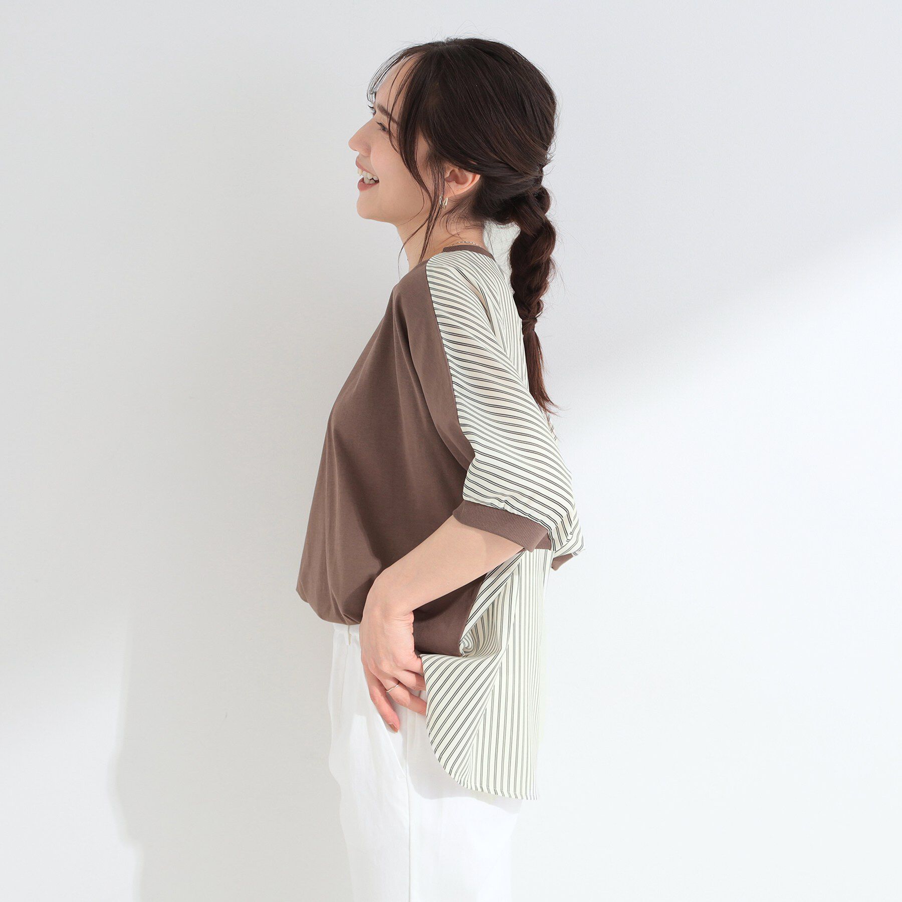SHOO･LA･RUE「【ひんやり/体型カバー/洗濯機可】二の腕隠れる 前後切替ドルマンTシャツ」|Tシャツ・カットソー|