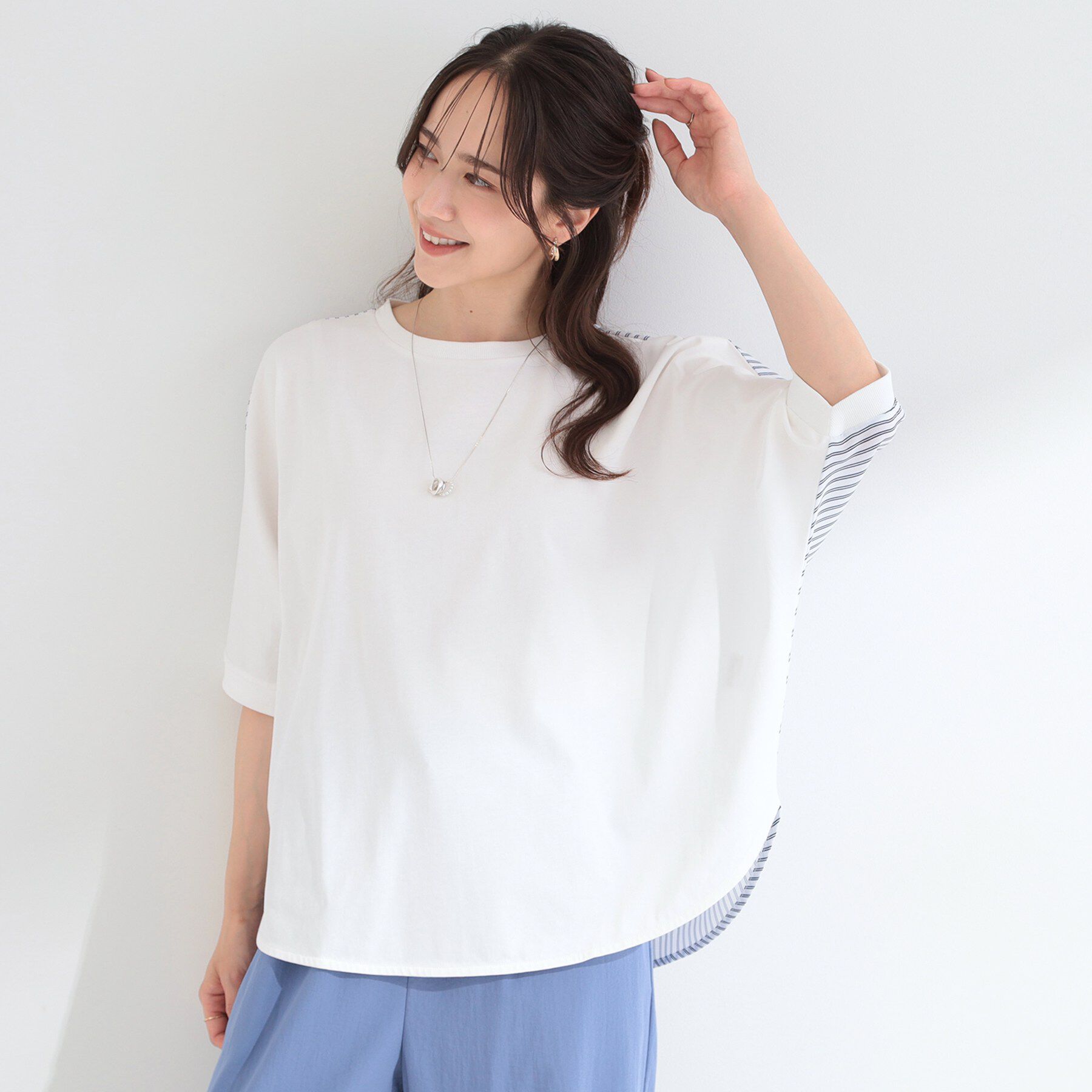 SHOO･LA･RUE「【ひんやり/体型カバー/洗濯機可】二の腕隠れる 前後切替ドルマンTシャツ」|Tシャツ・カットソー|