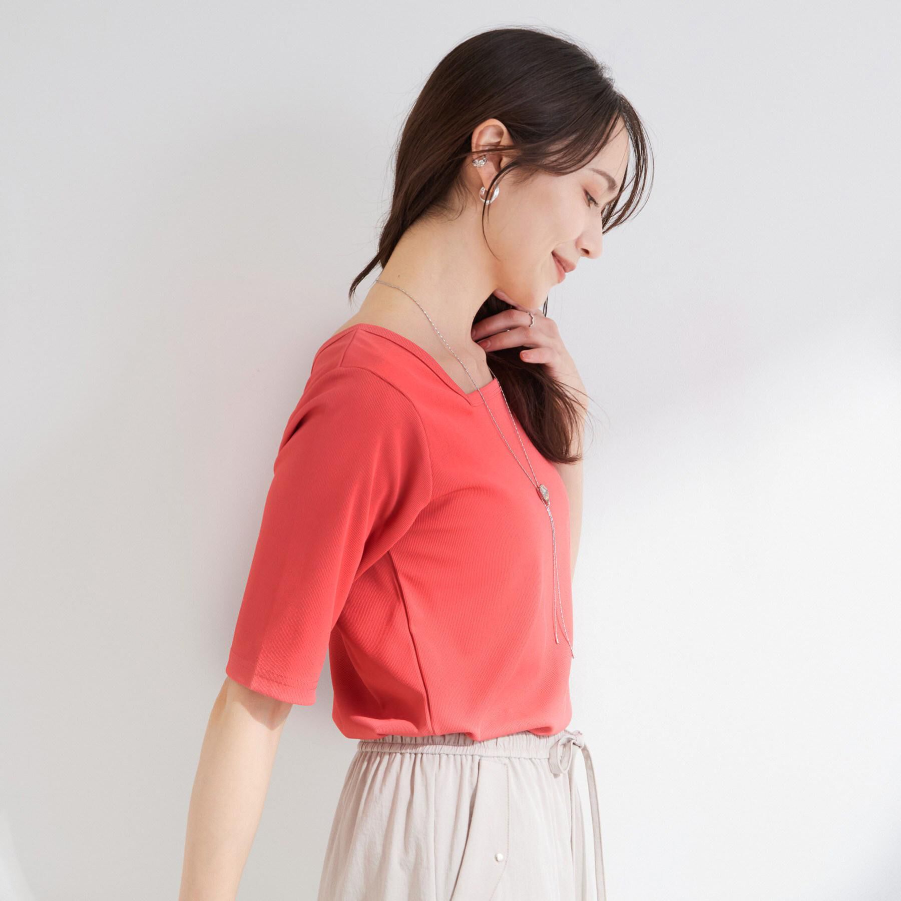 SHOO･LA･RUE「【ひんやり/前後2WAY/S-LL】着回しやすい 5分袖テレコトップス」|Tシャツ・カットソー|