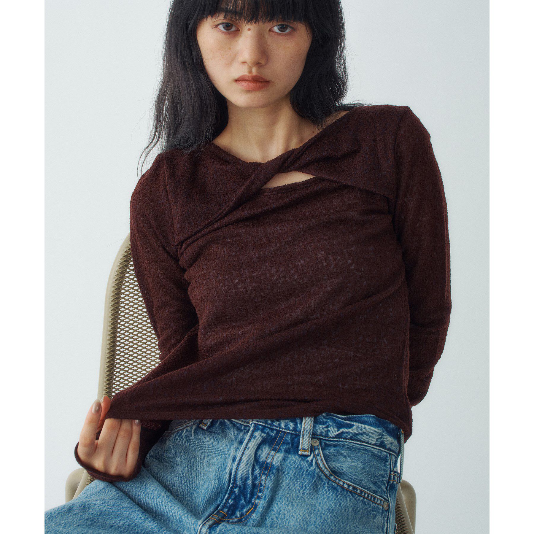 CODE A「twist sheer jersey top」|Tシャツ・カットソー|ボルドー(064)