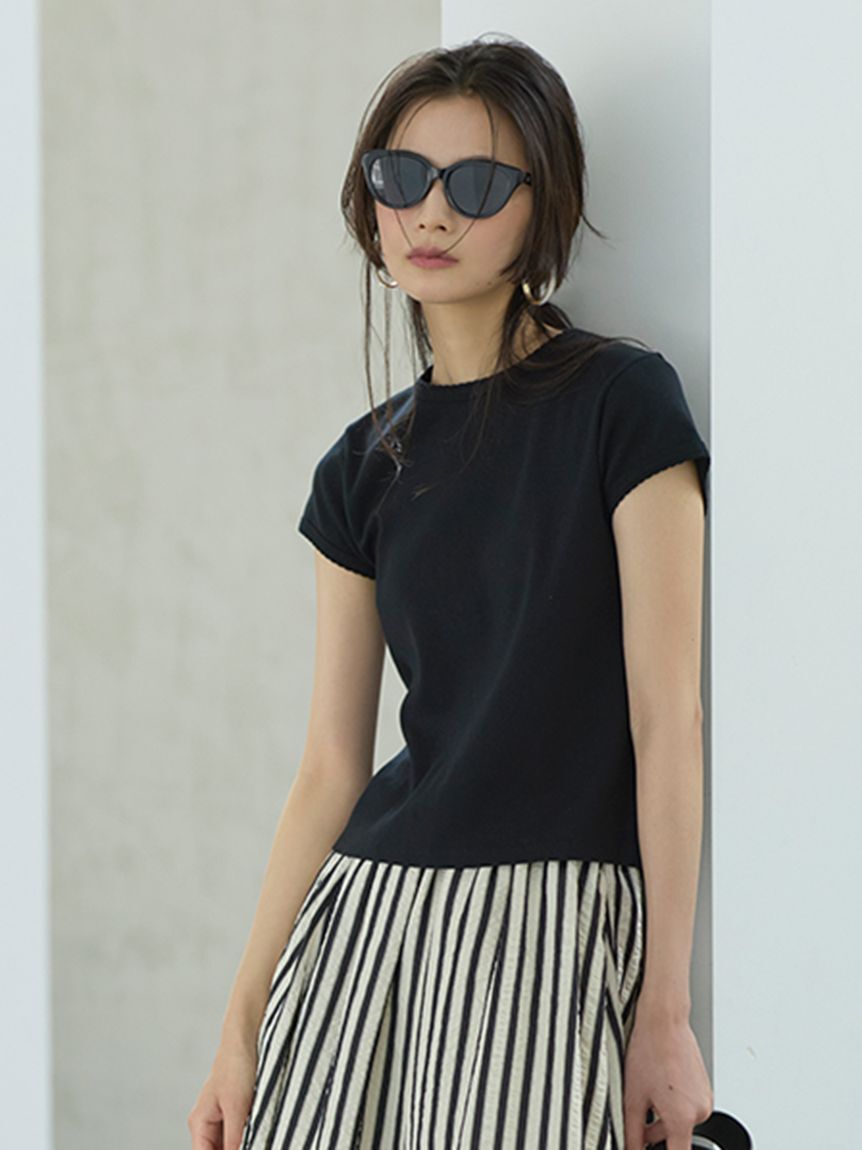 Mila Owen「【接触冷感】スカラップデザインコンパクトＴシャツ」|Tシャツ・カットソー|BLK