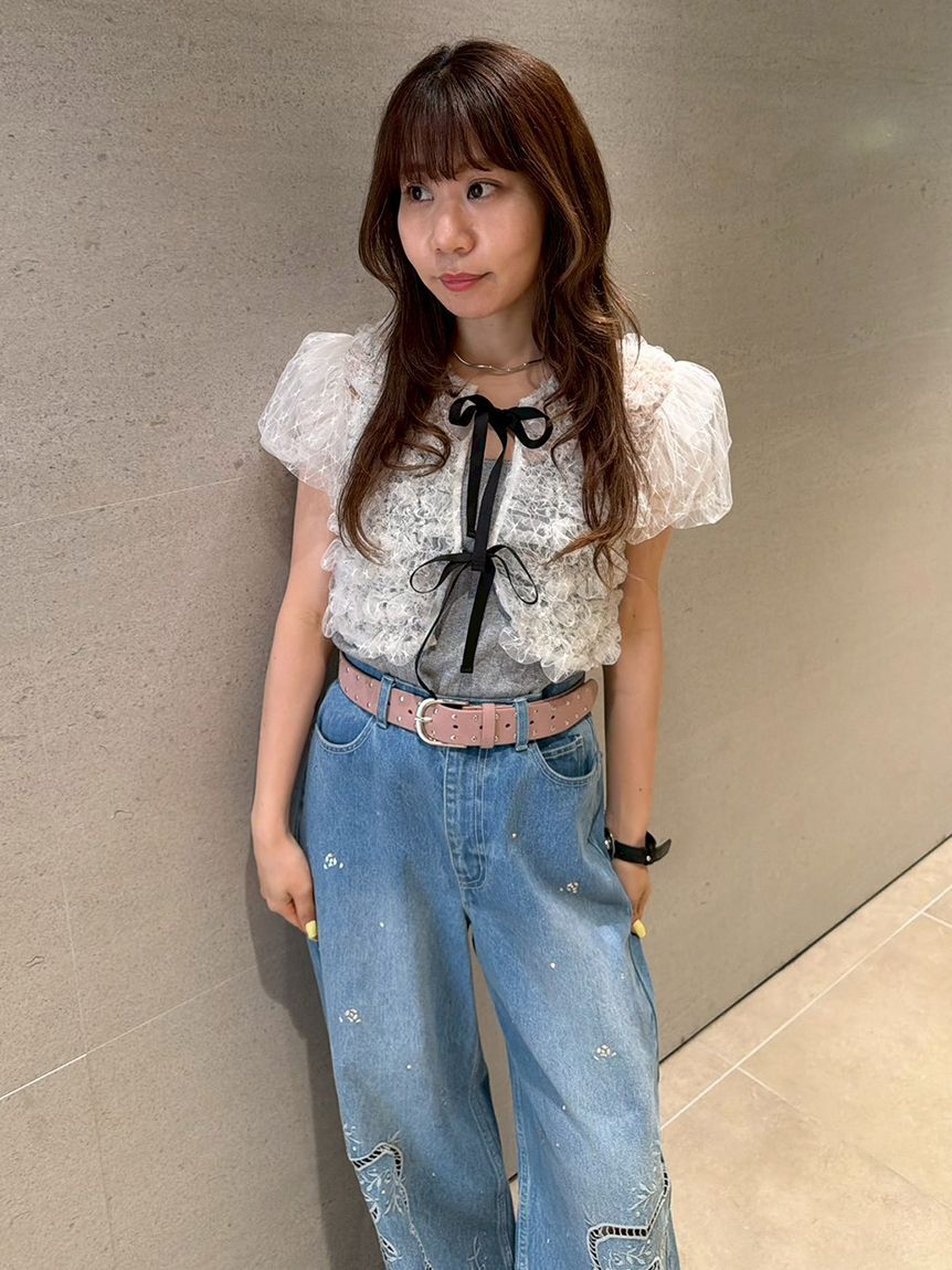 LILY BROWN「シャーリングコンパクトリボントップス」|Tシャツ・カットソー|