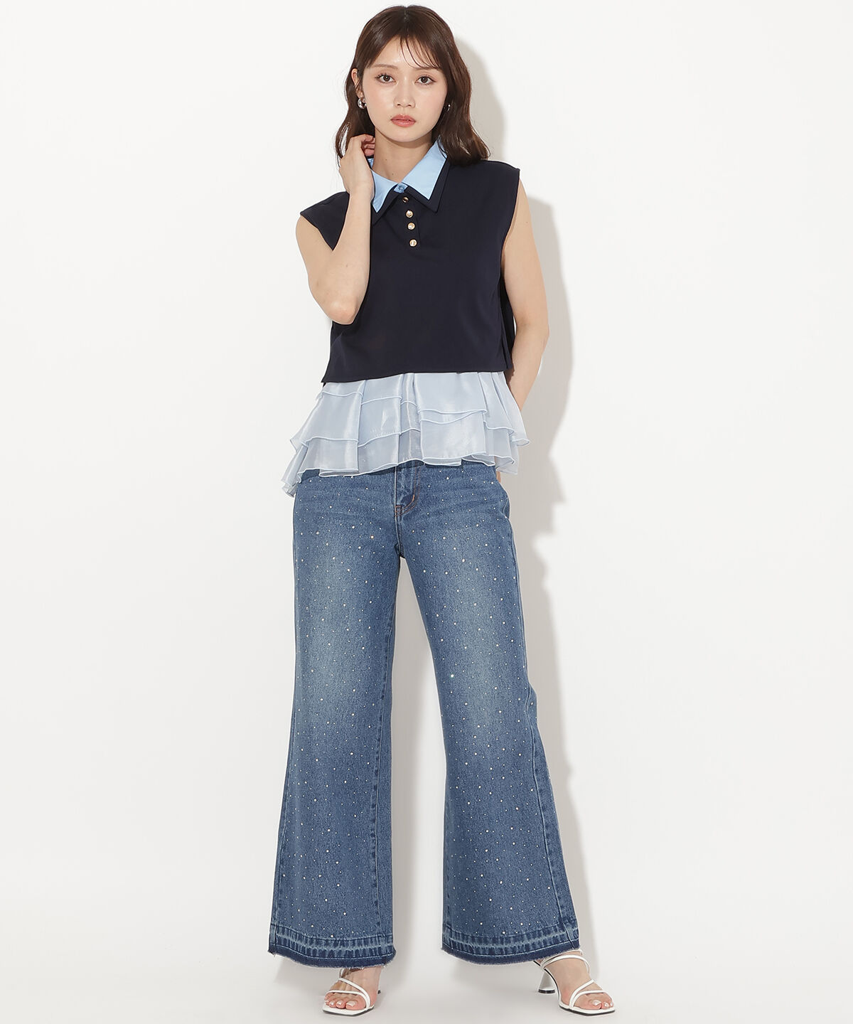 アンドクチュール「ラインストーンフレアデニムパンツ」|デニム|