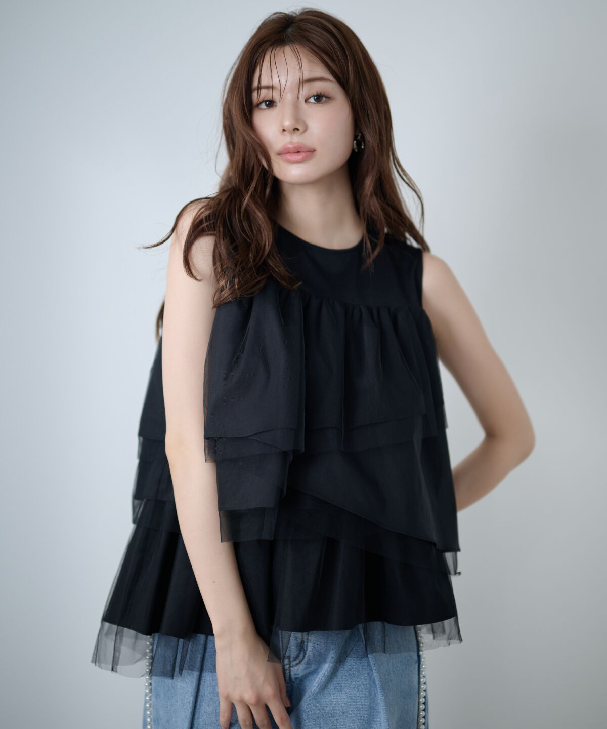 アンドクチュール「ランダムティアードドッキングカットソー」|Tシャツ・カットソー|ブラック