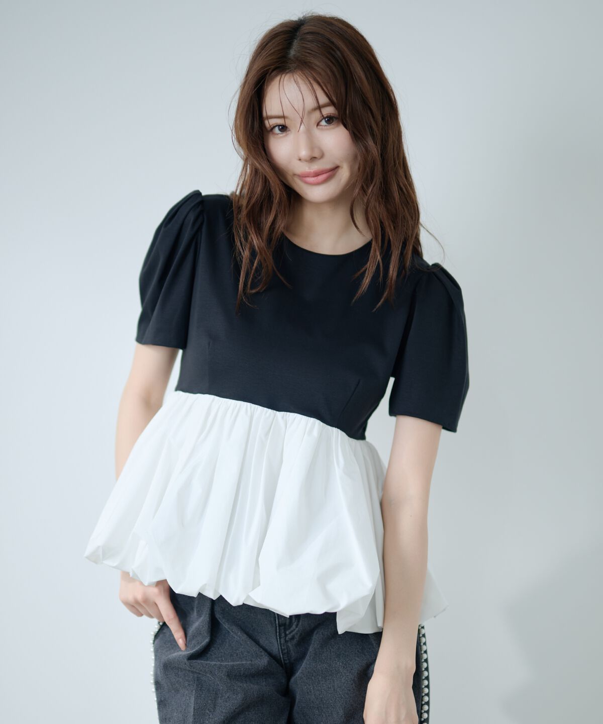 アンドクチュール「異素材ペプラムトップス」|Tシャツ・カットソー|