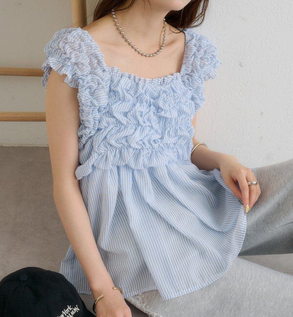 「ふわふわシャーリングチュニック」|シャツ・ブラウス|ブルー