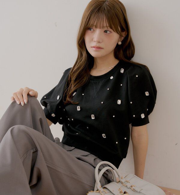  「【SALON  by Chico】パフ袖ランダムビジュースウェット」|Tシャツ・カットソー|