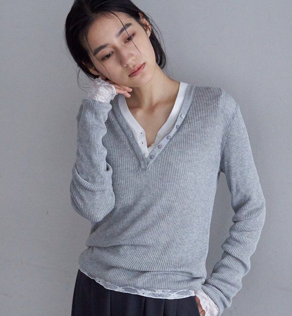  「【再入荷】ヘンリーネックレイヤードニット」|ニット・セーター|グレー