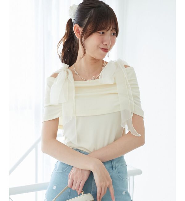  「肩リボンオフショルカットトップス」|Tシャツ・カットソー|
