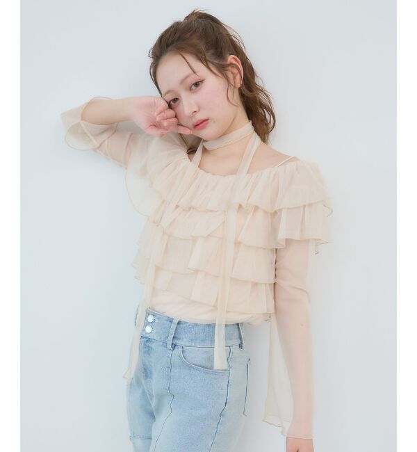  「チョーカーセットチュールフリルトップス」|Tシャツ・カットソー|ピンクベージュ