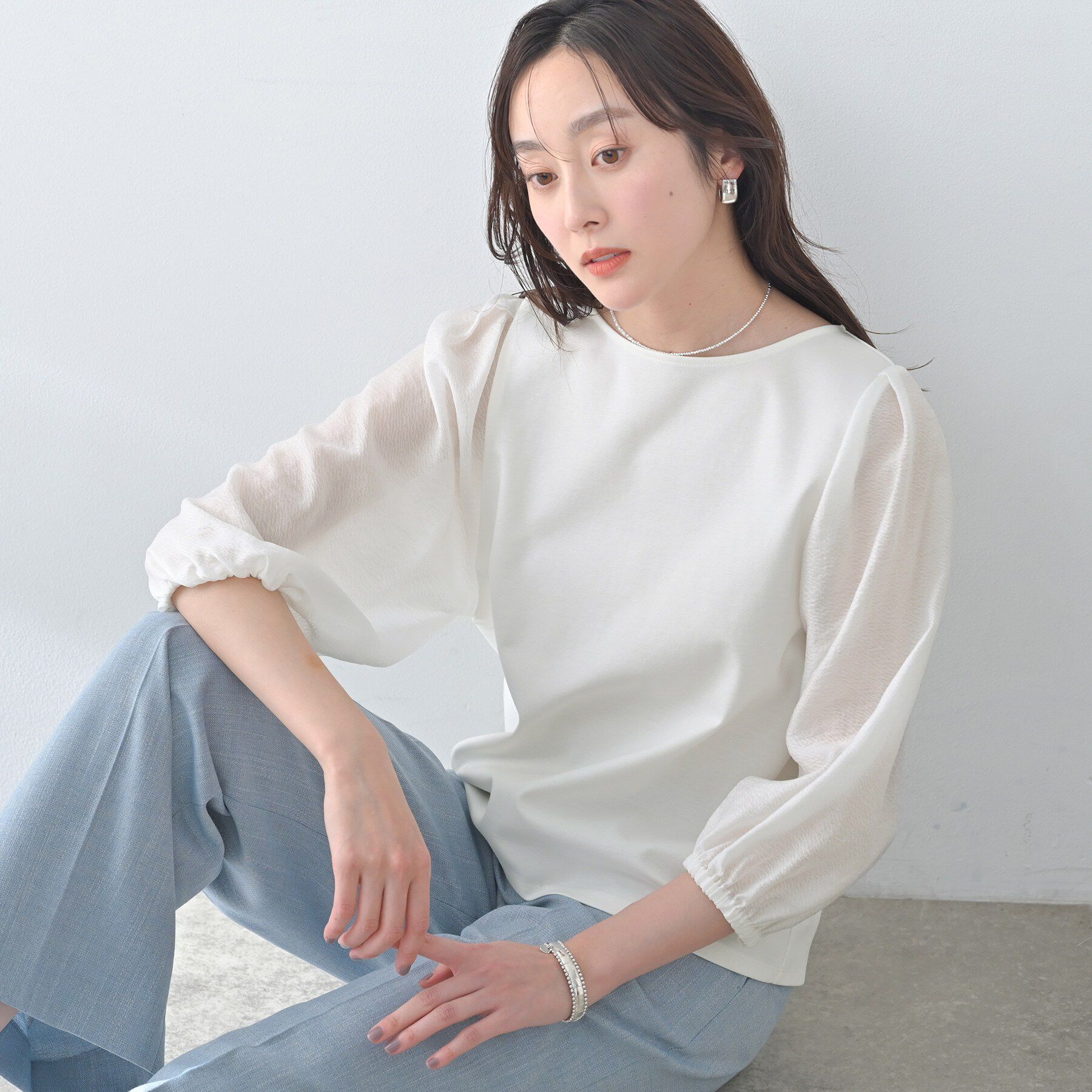 UNTITLED「【洗える/袖シアー】ポンチ袖ボリュームトップス」|Tシャツ・カットソー|オフホワイト(003