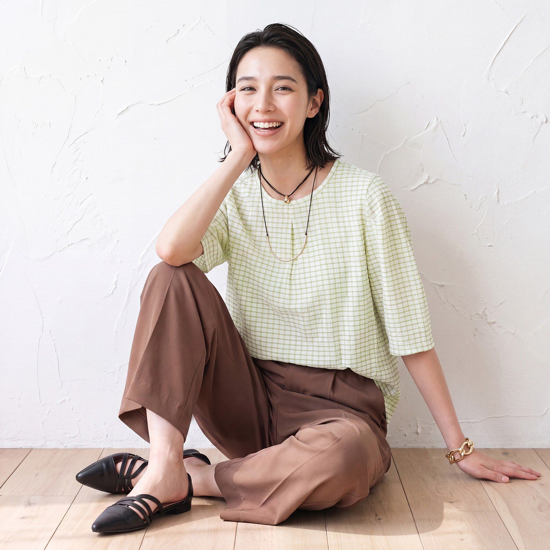 INDIVI「【UVケア／吸汗速乾】チェック柄タックボリュームスリーブトップス」|Tシャツ・カットソー|