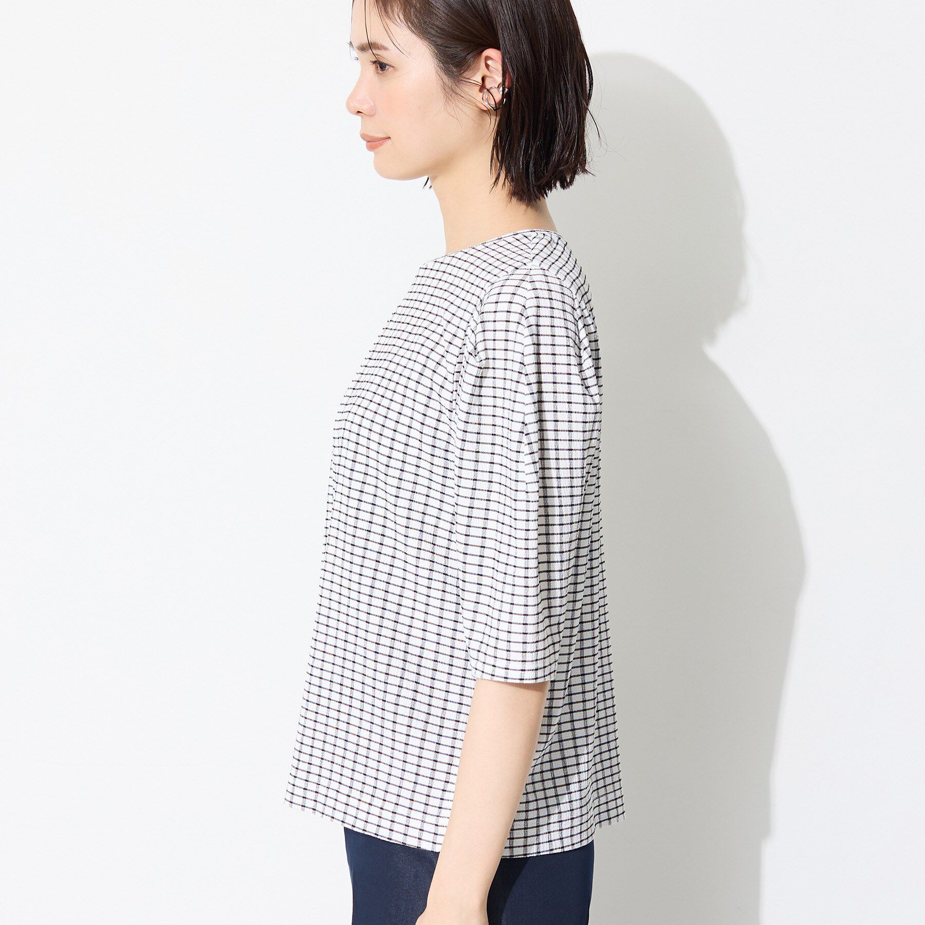 INDIVI「【UVケア／吸汗速乾】チェック柄タックボリュームスリーブトップス」|Tシャツ・カットソー|