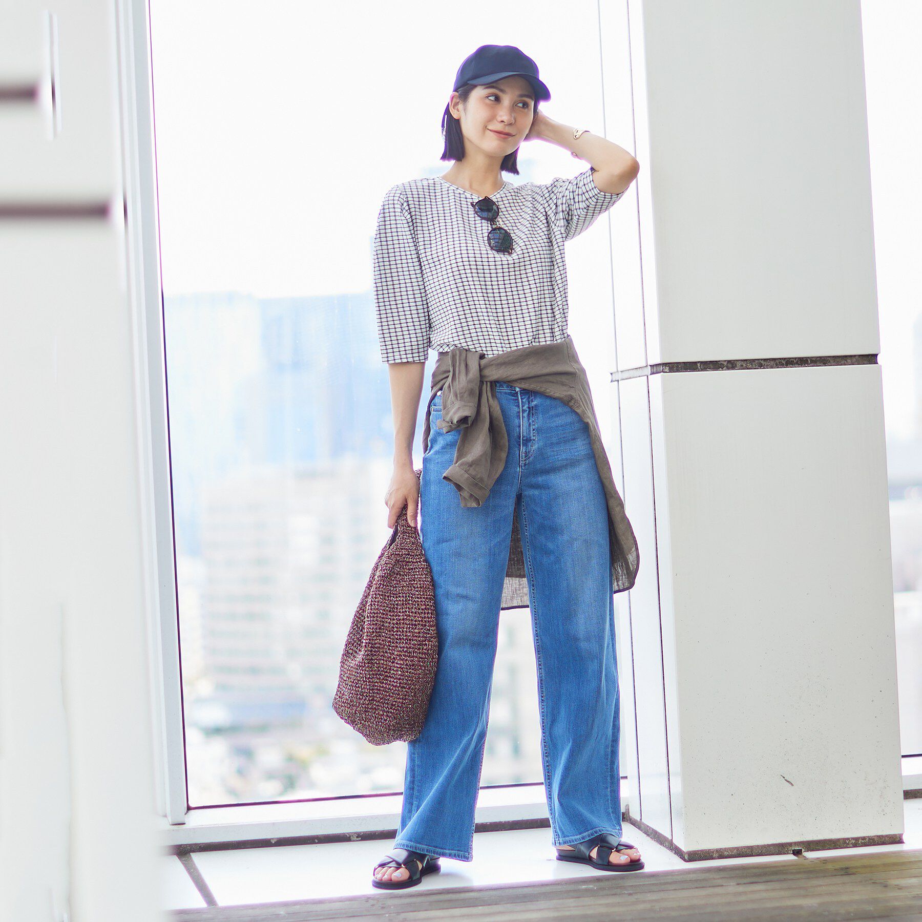 INDIVI「【UVケア／吸汗速乾】チェック柄タックボリュームスリーブトップス」|Tシャツ・カットソー|