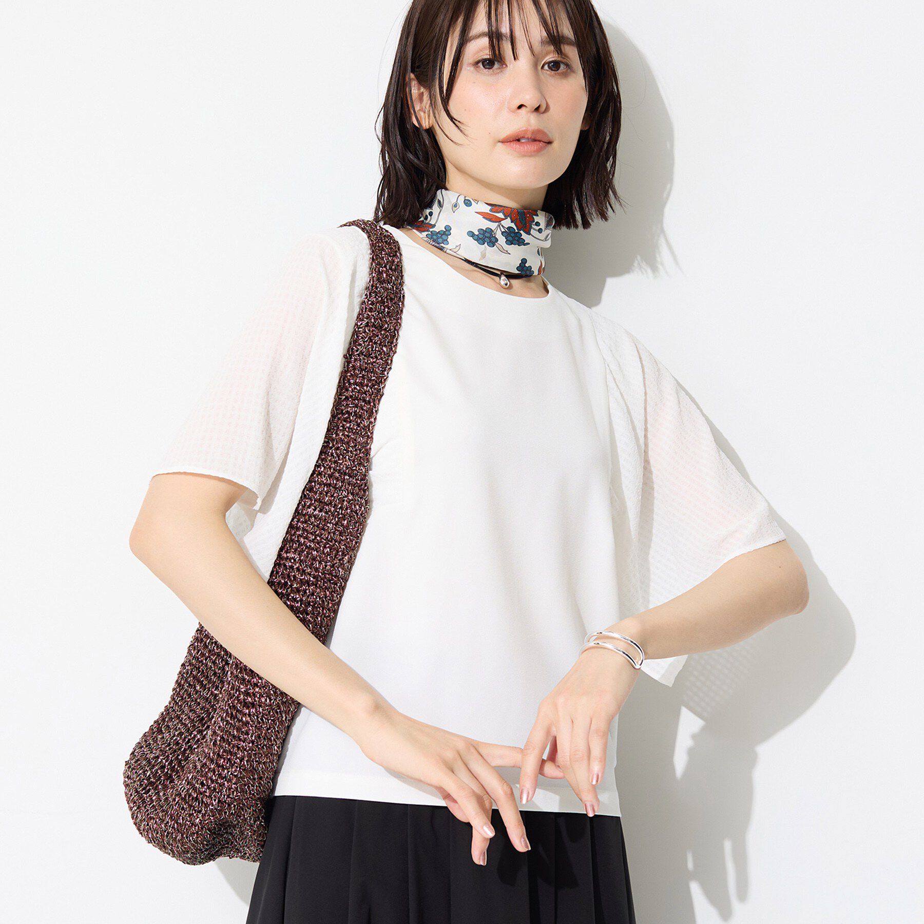 INDIVI「【洗える／シアーチェック柄】異素材コンビスリーブトップス」|Tシャツ・カットソー|