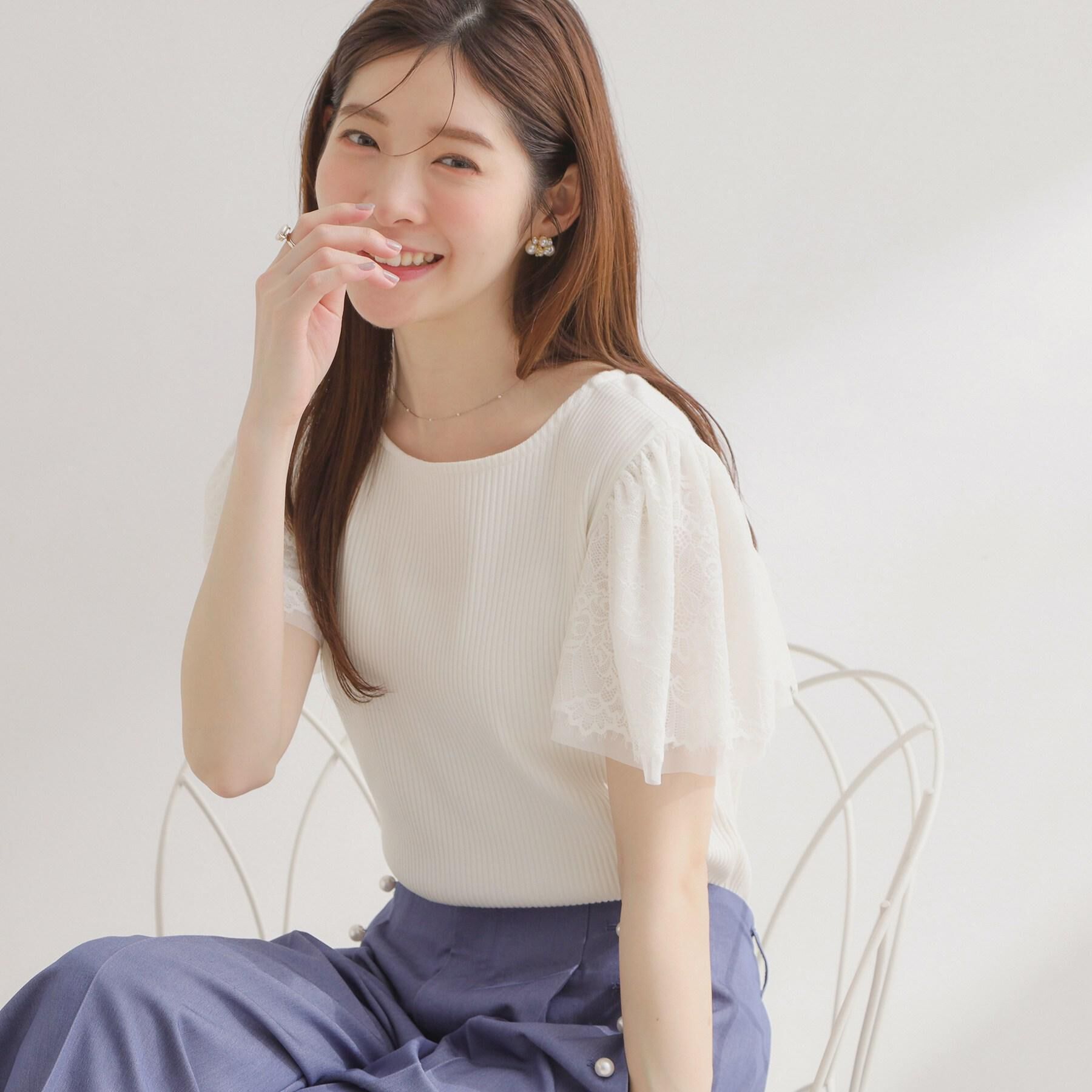 Couture broach「【洗える】袖レース テレコトップス」|Tシャツ・カットソー|オフホワイト(003