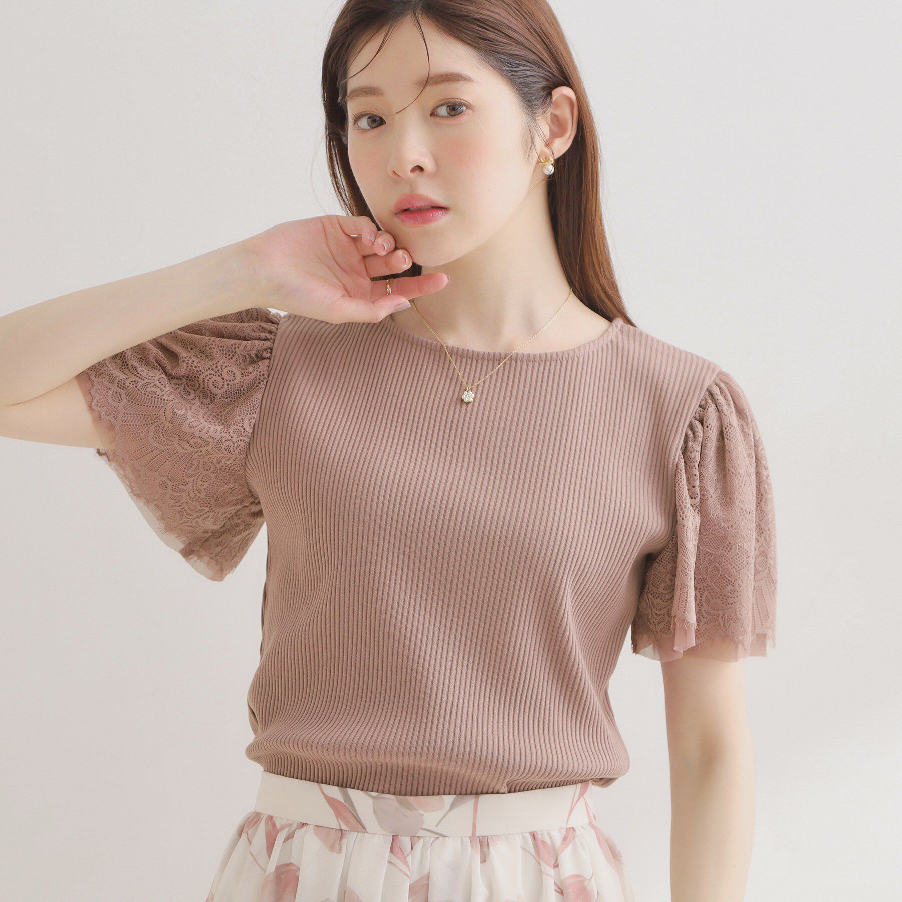 Couture broach「【洗える】袖レース テレコトップス」|Tシャツ・カットソー|