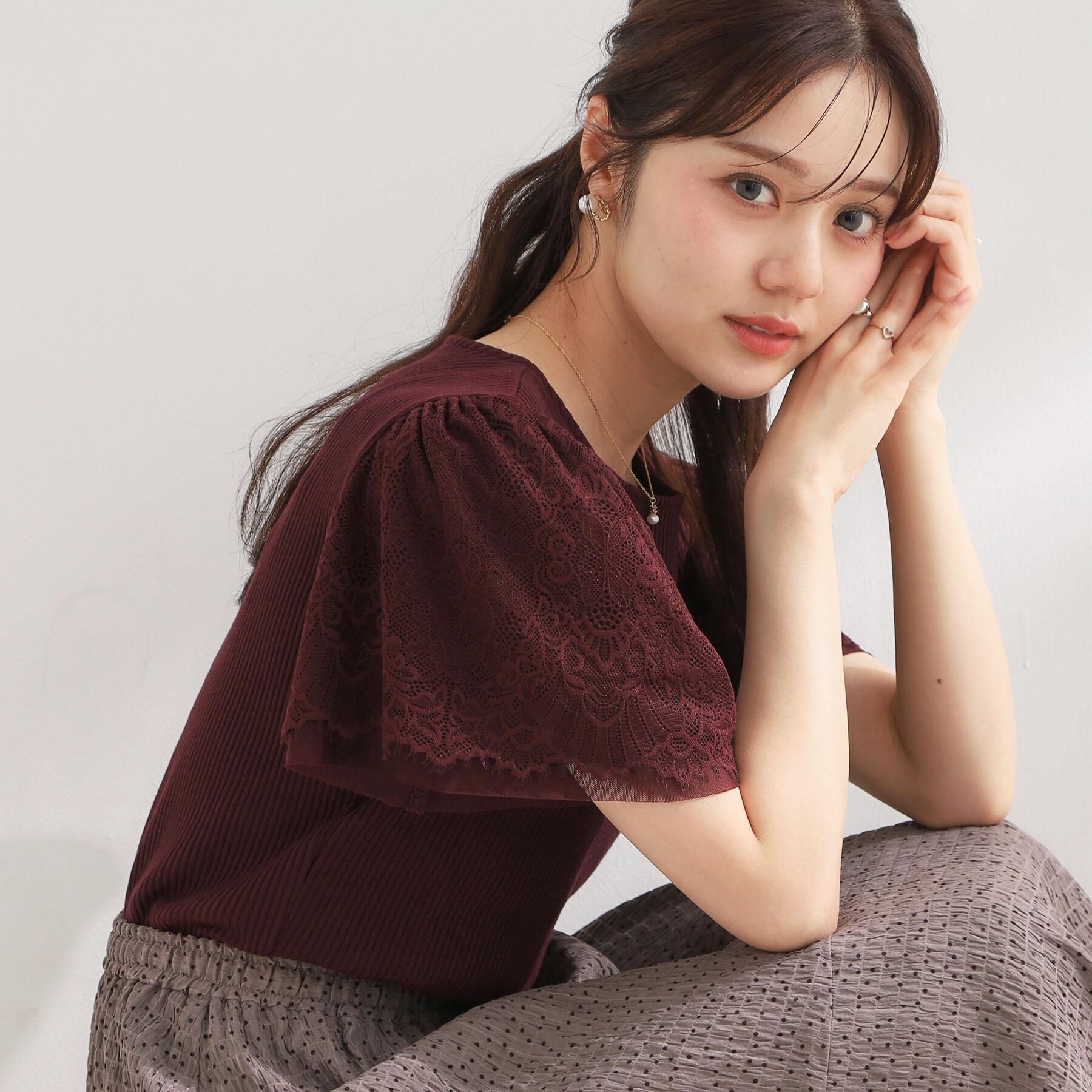 Couture broach「【洗える】袖レース テレコトップス」|Tシャツ・カットソー|ボルドー(064)