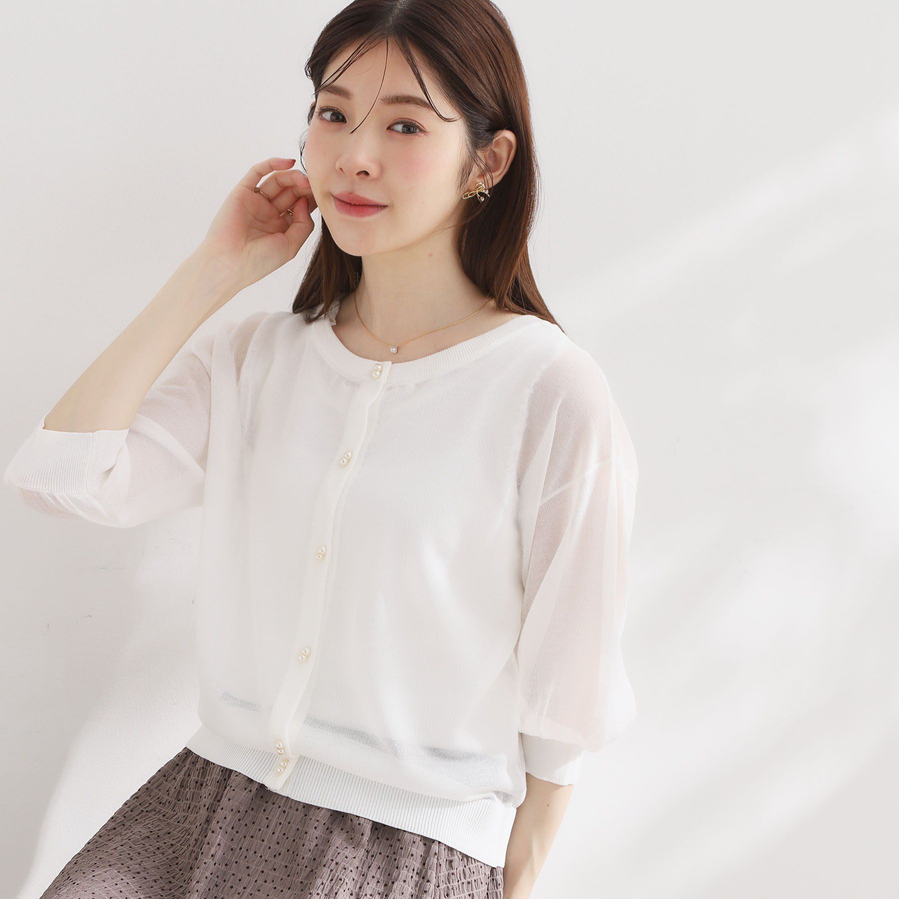 Couture broach「【前後2WAY・洗える】愛され5分袖シアーカーディガン」|カーディガン|