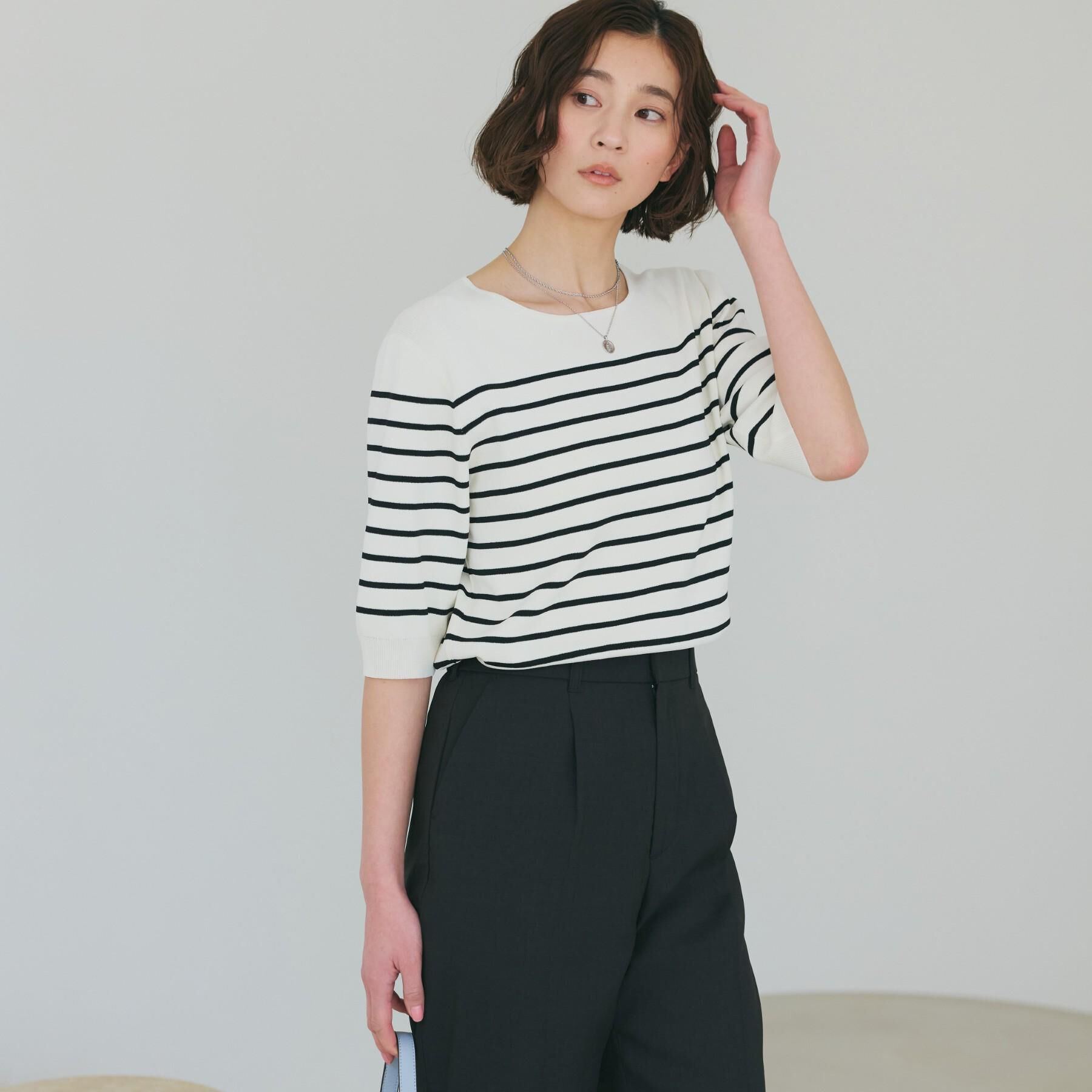 THE SHOP TK「【S-XL/ひんやりタッチ】美しさ際立つ 6分袖ニット 洗濯機OK/UVケア/毛玉になりにくい」|ニット・セーター|