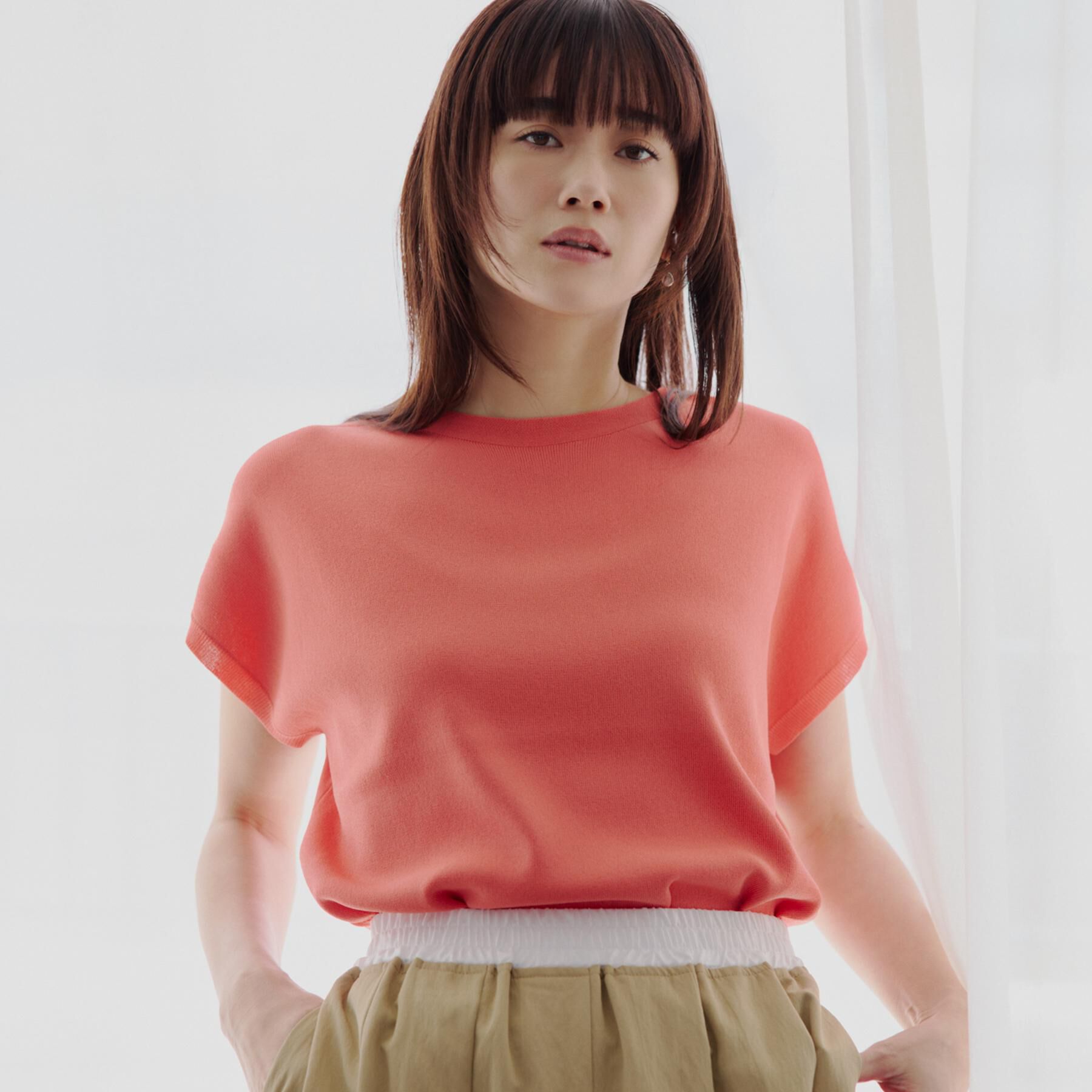 THE SHOP TK「【S-XL/ひんやりタッチ】多機能フレンチスリーブニット 洗濯機OK/UVケア/毛玉になりにくい」|ニット・セーター|