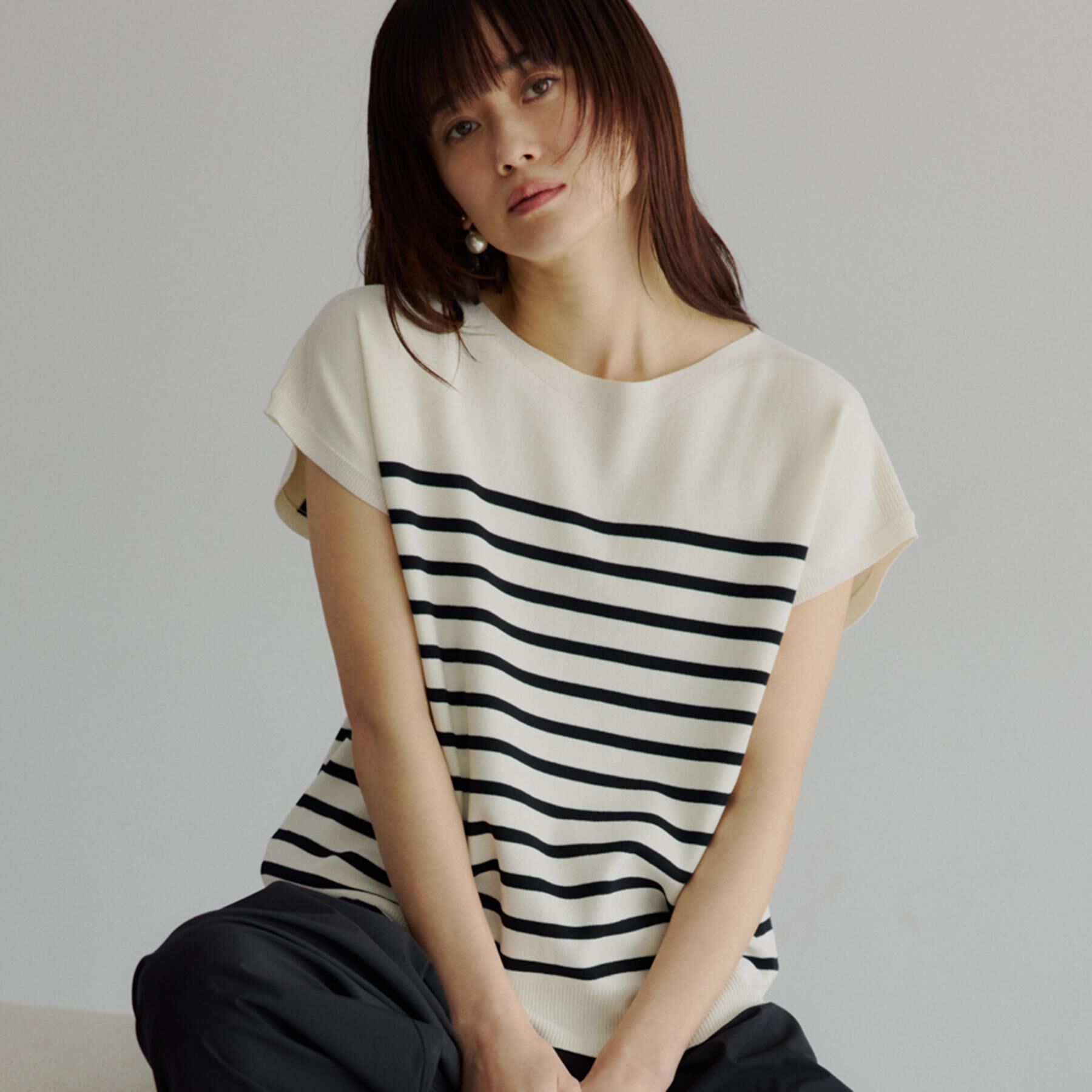 THE SHOP TK「【S-XL/ひんやりタッチ】多機能フレンチスリーブニット 洗濯機OK/UVケア/毛玉になりにくい」|ニット・セーター|アイボリー(304)