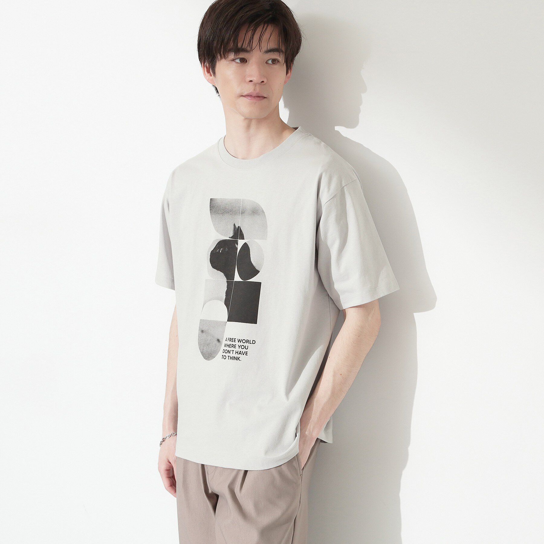THE SHOP TK「【夏コーデの主役に】グラフィックコットン半袖Tシャツ CAT／LANDSCAPE」|Tシャツ・カットソー|ライトグレー(011