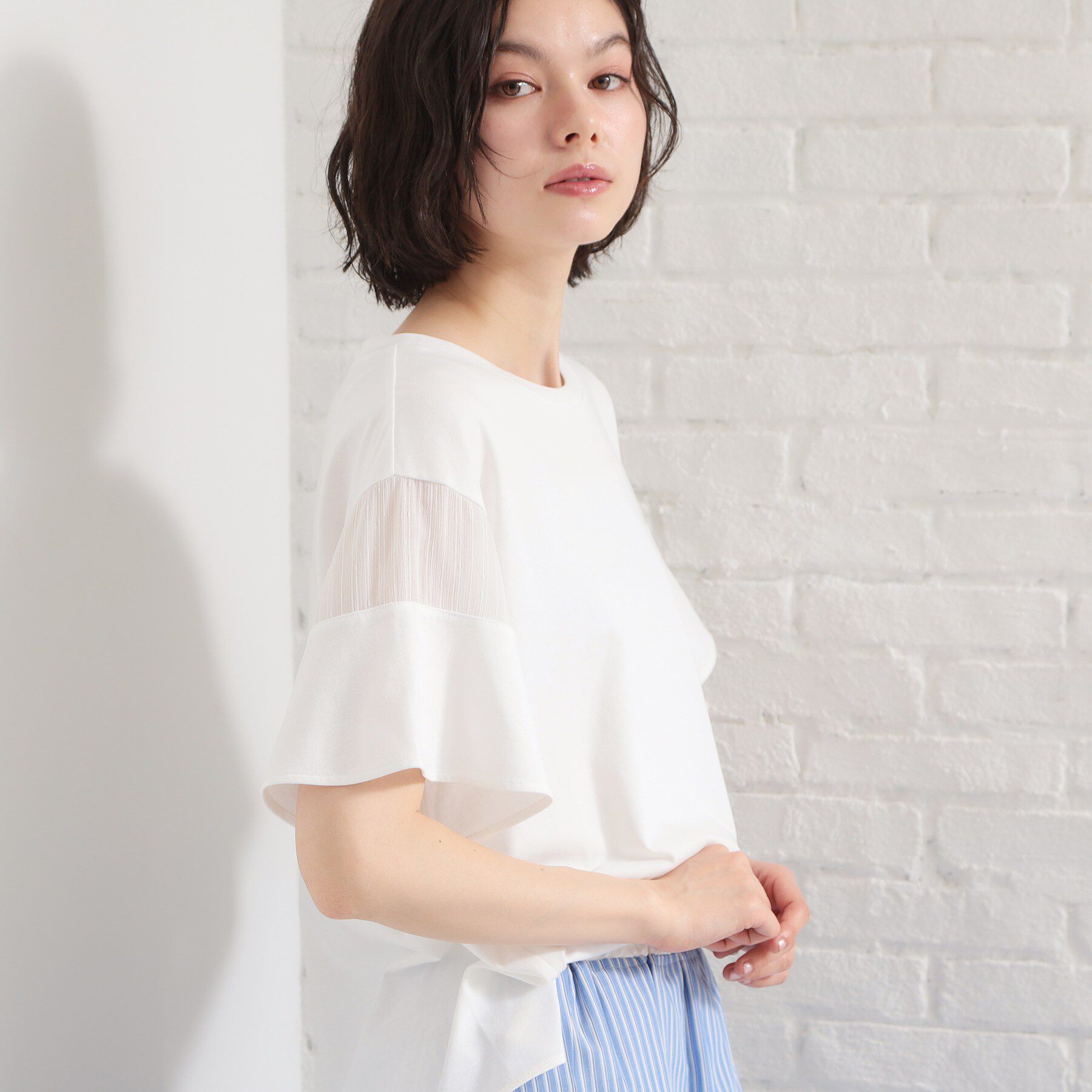 THE SHOP TK「【ひんやりさらさら】軽やかに揺れる シアーフレアスリーブTシャツ」|Tシャツ・カットソー|