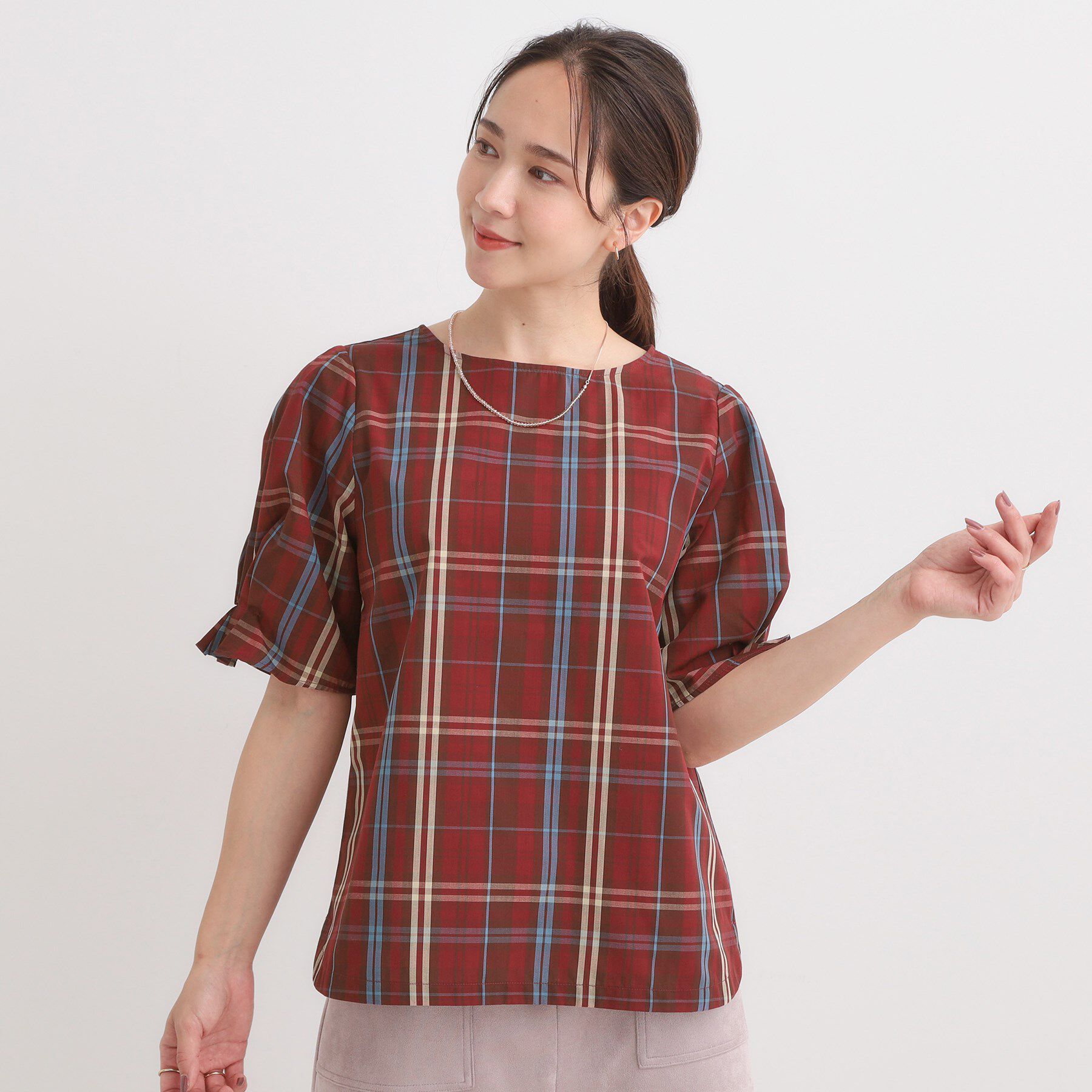 SHOO･LA･RUE「【S-LL/5分袖】お袖タックできれいに魅せる 大人のチェックブラウス」|シャツ・ブラウス|