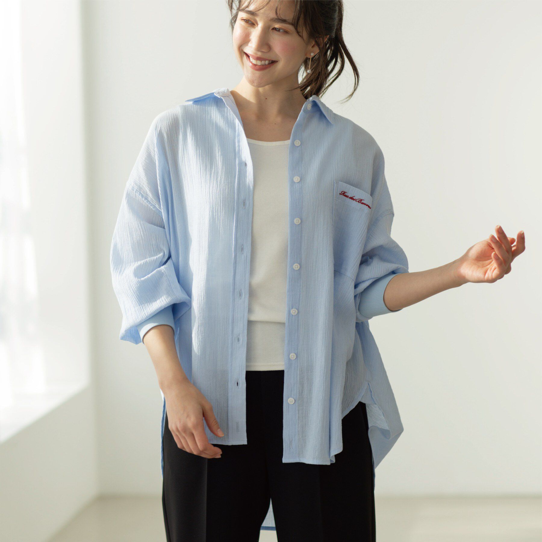 SHOO･LA･RUE「お袖リブ楊柳オーバーシャツ」|シャツ・ブラウス|サックスブルー(09