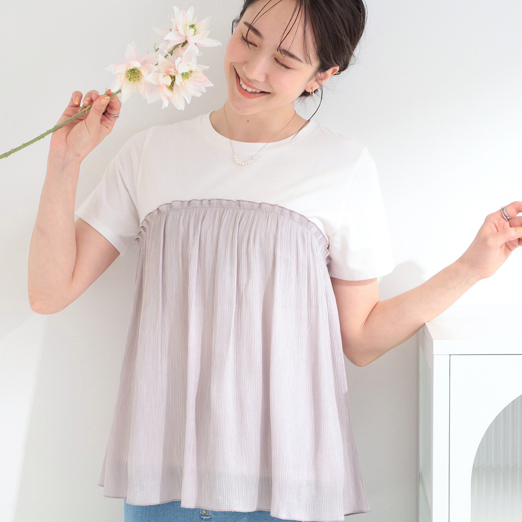 SHOO･LA･RUE「【ひんやり】1枚でインせず決まる きらきらビスチェ風Tシャツ」|Tシャツ・カットソー|ライトグレー(011