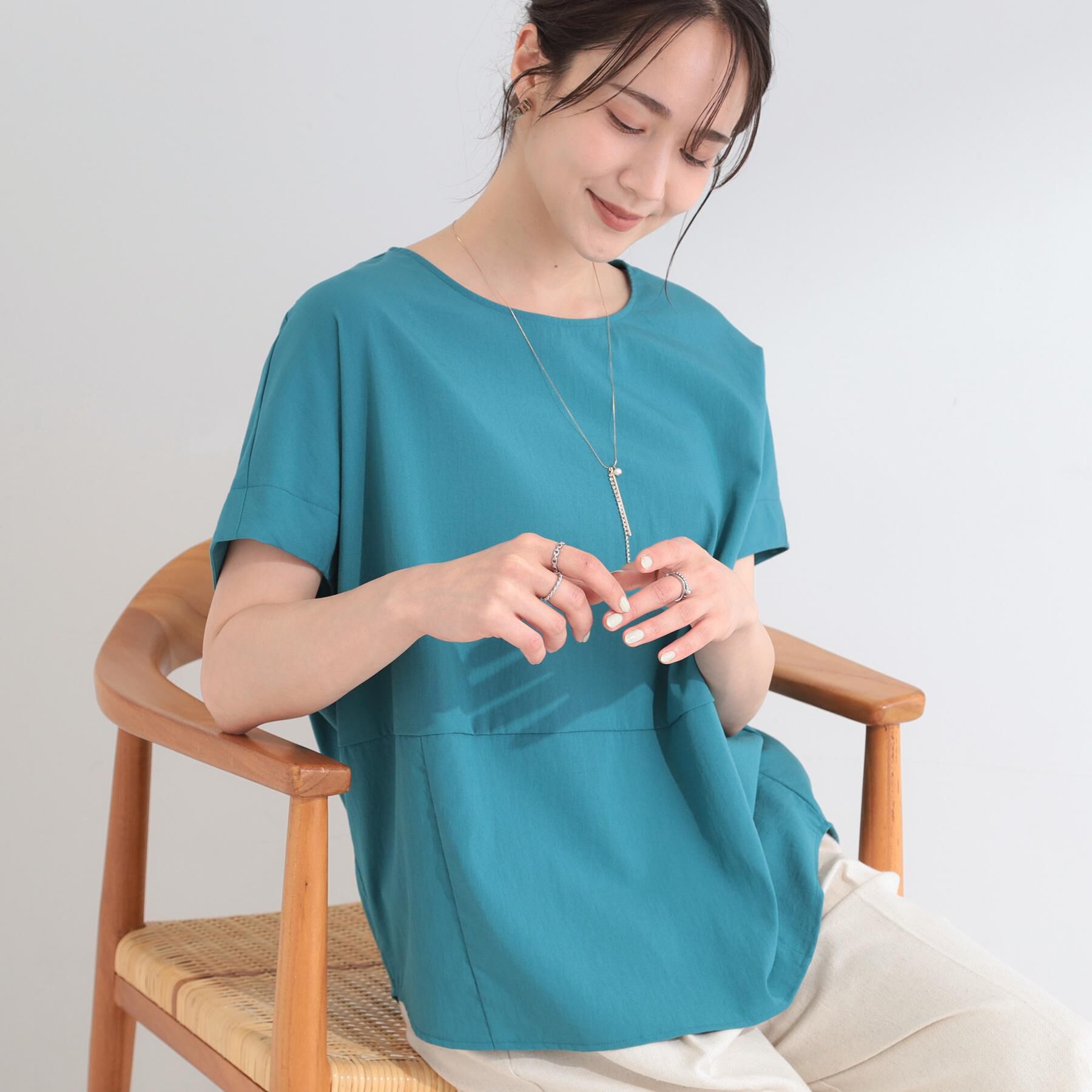 SHOO･LA･RUE「【洗濯機可/セットアップ可】軽凛(かろりん) シンプル上品 ひんやり切替コクーントップス」|Tシャツ・カットソー|ブルーグリーン(09