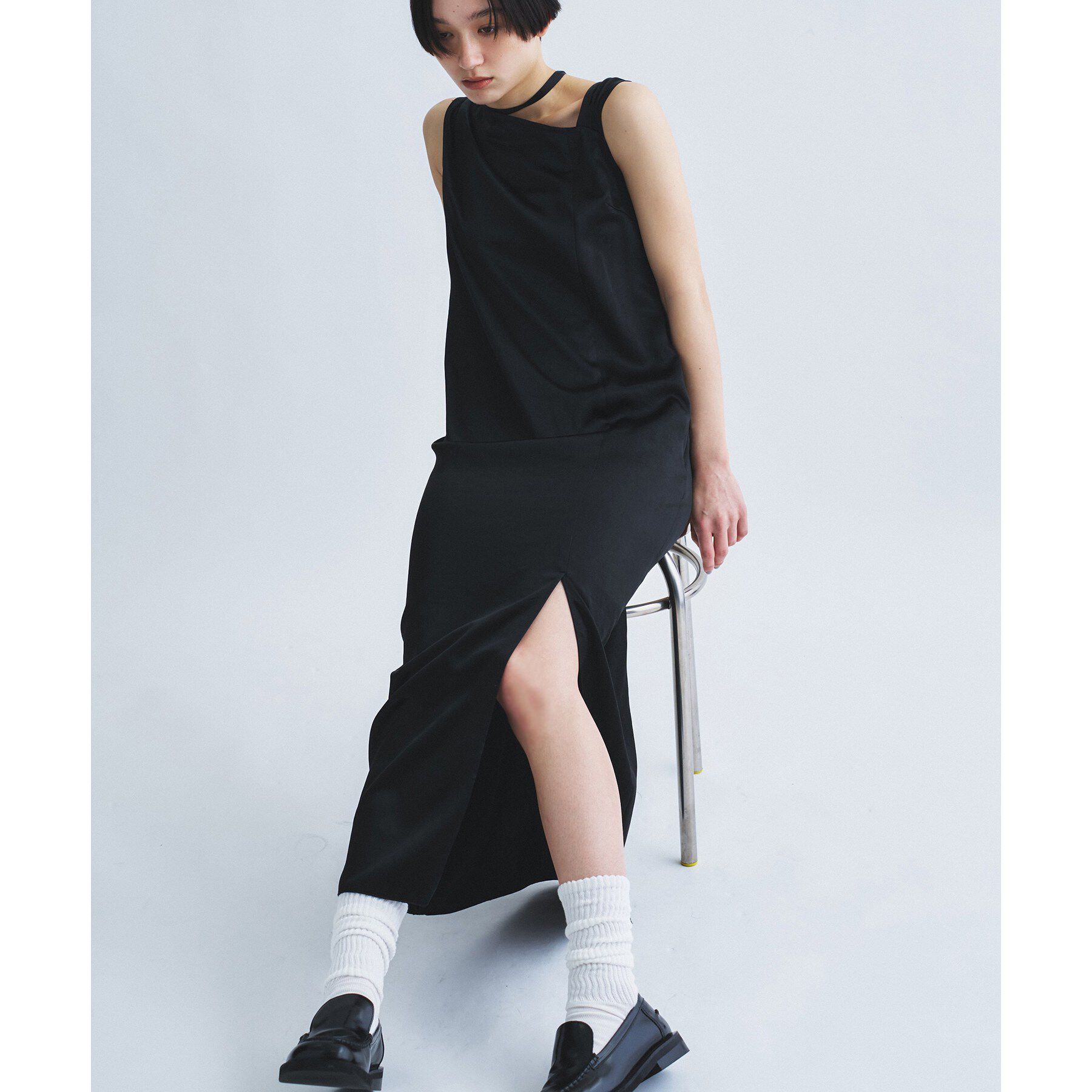 CODE A「satin neck slit dress」|ワンピース|ブラック(019)