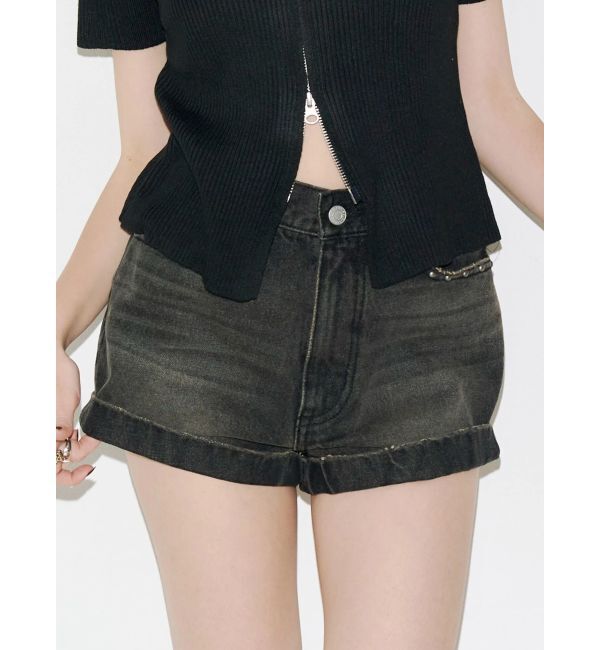 EVRIS「マイクロミニスタッズデニムショートパンツ【セットアップ着用可能】」|デニム|ブラック
