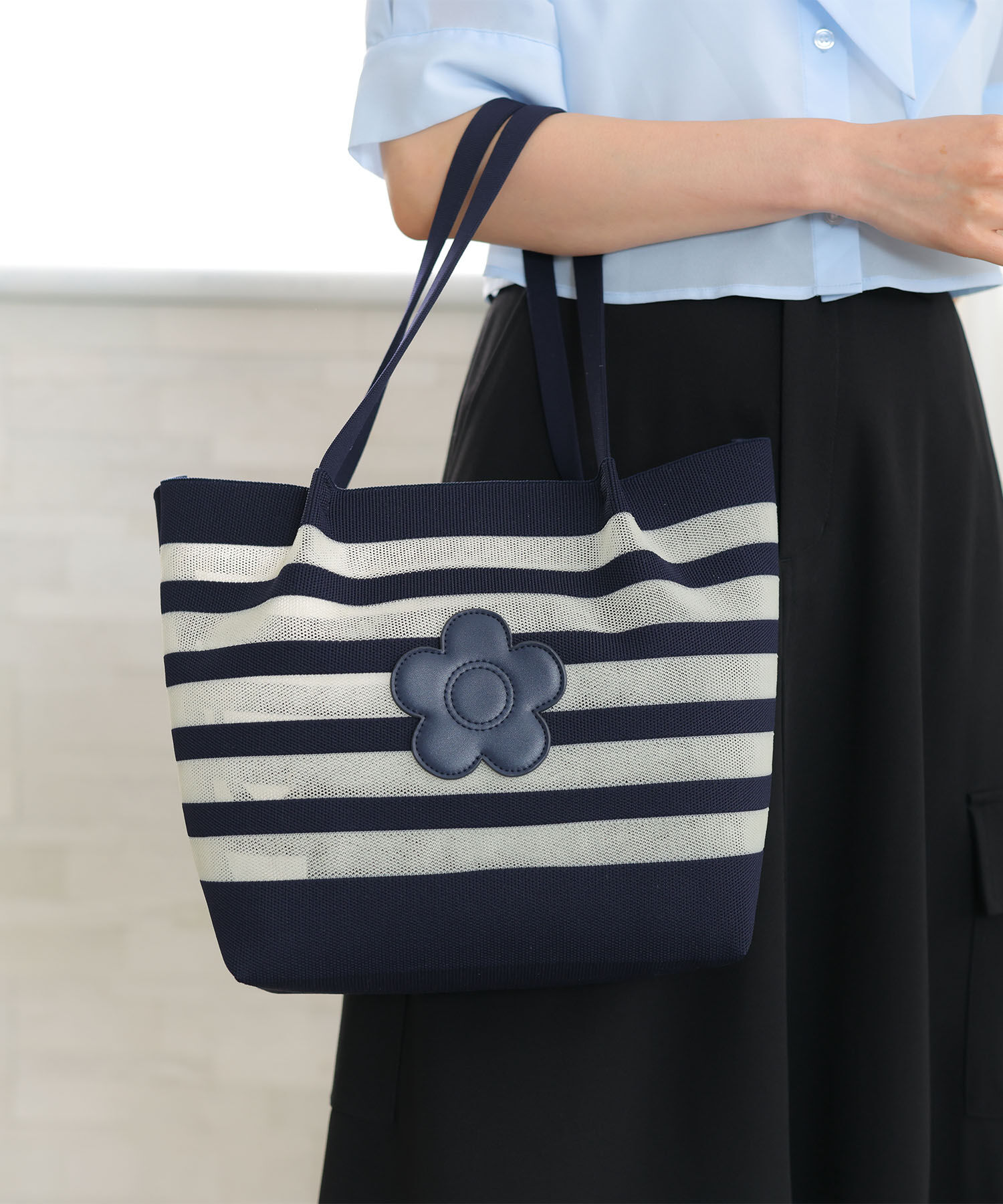 MARY QUANT「メッシュボーダーニット トート」|トートバッグ|ネイビー