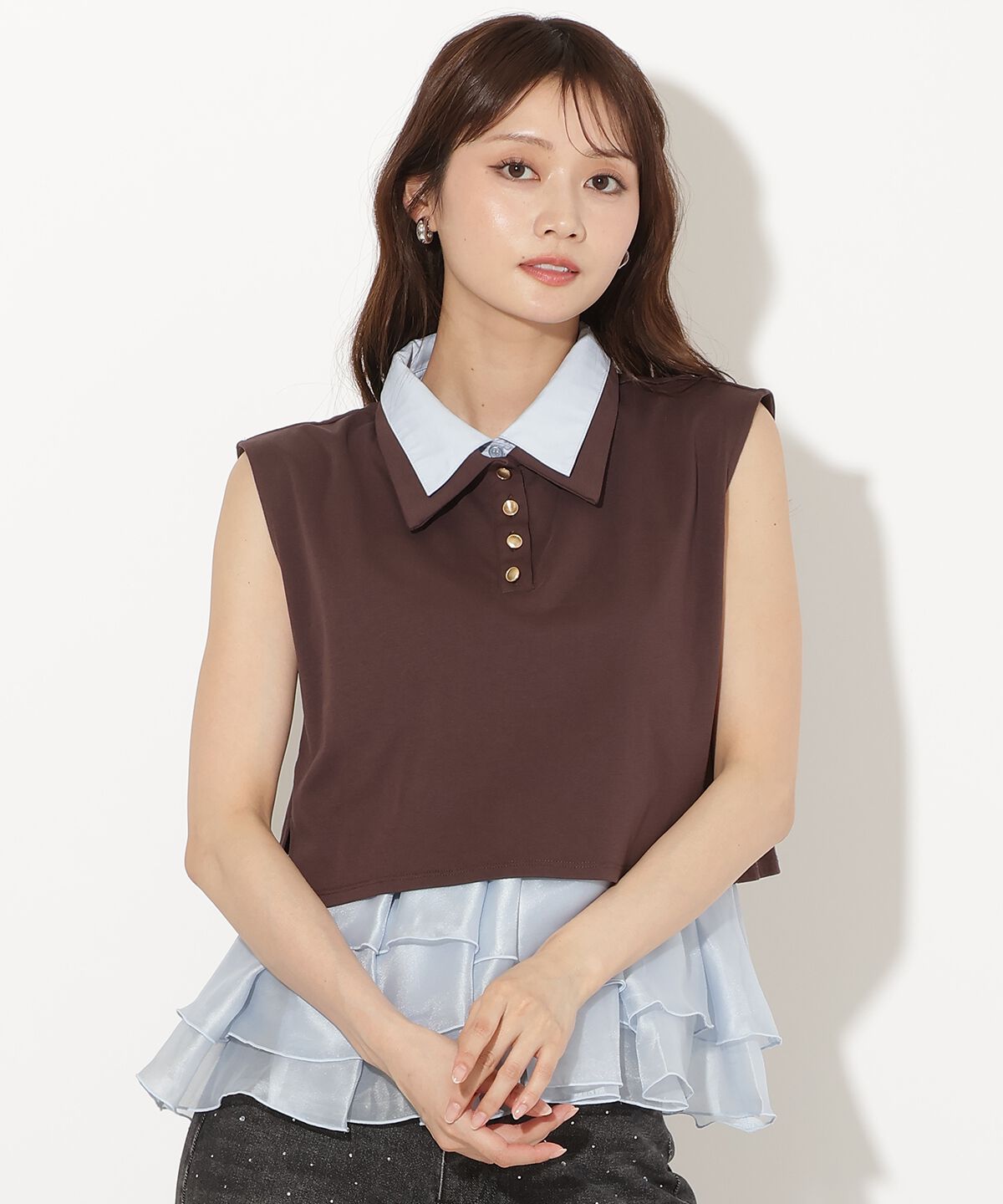 アンドクチュール「Wカラーフレンチスリーブカットプルオーバー&times;キャミセット」|Tシャツ・カットソー|ブラウン