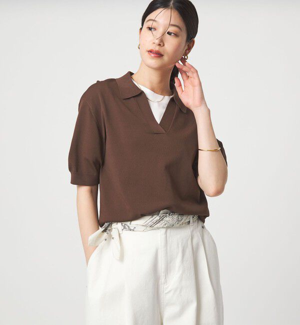 UNITED ARROWS green label relaxing「【WEB限定】＜at ease＞エリツキ スキッパー ニット 接触冷感 UVカット 遮熱」|ニット・セーター|DK.BROWN