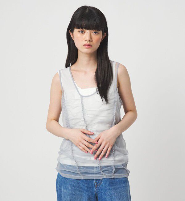 EMMEL REFINES「＜EMMEL REFINES＞EM フリルギャザー チュールレイヤー ノースリーブ」|Tシャツ・カットソー|