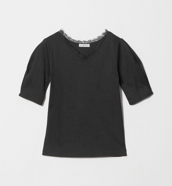 UNITED ARROWS green label relaxing「ブライトリブ レース 5分袖 プルオーバー カットソー」|Tシャツ・カットソー|BLACK