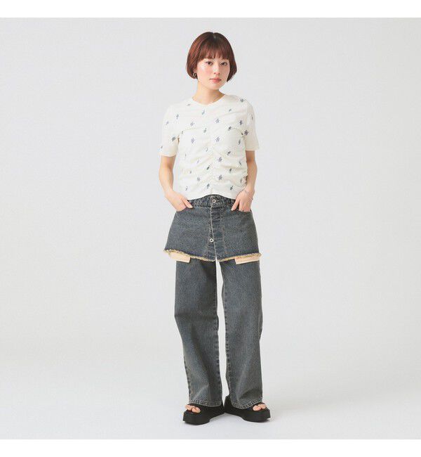 Ray BEAMS 「フラワー 刺繍 シャーリング Tシャツ / 26SS 花柄 洗える コンパクトTシャツ」|Tシャツ・カットソー|