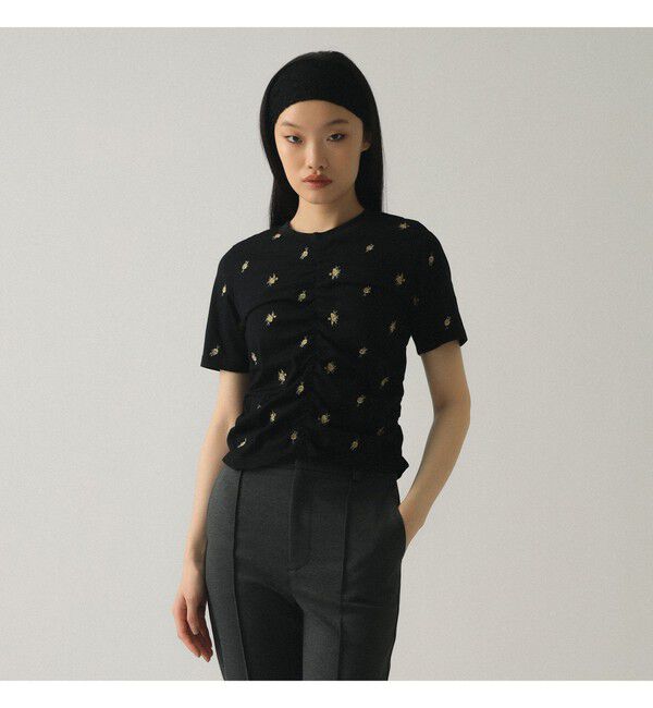 Ray BEAMS 「フラワー 刺繍 シャーリング Tシャツ / 26SS 花柄 洗える コンパクトTシャツ」|Tシャツ・カットソー|