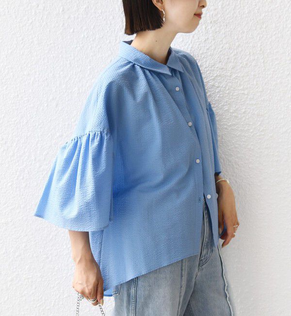 SHIPS for women「【WEB限定】〈手洗い可能〉サッカー ギャザー シャツ 羽織」|シャツ・ブラウス|スカイブルー