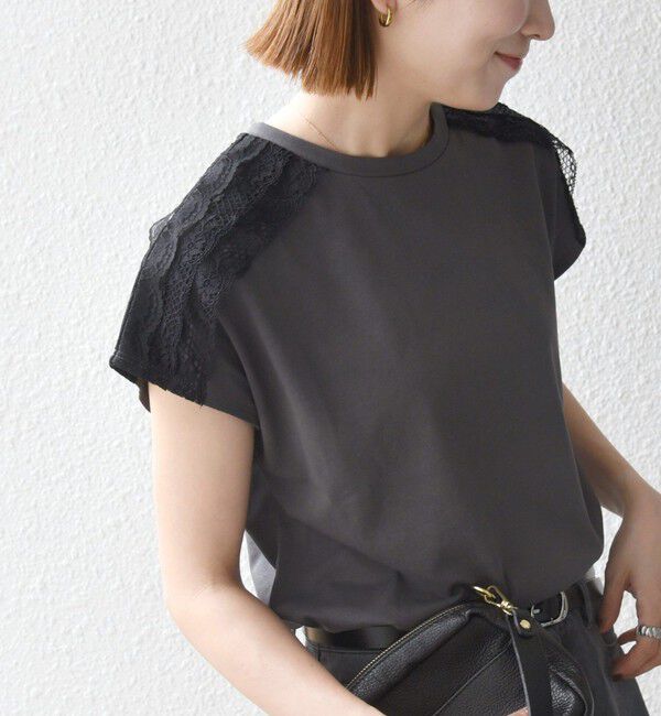 SHIPS any「SHIPS any:〈洗濯機可能〉ジャージー フレンチスリーブ レース TEE」|Tシャツ・カットソー|