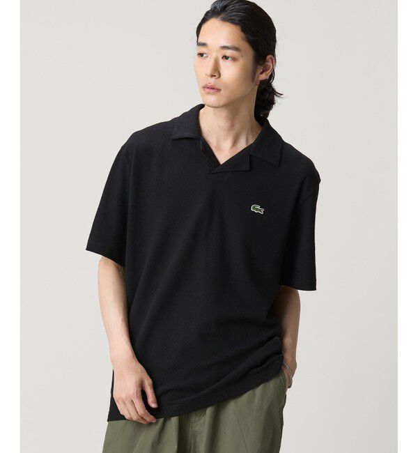 LACOSTE「コットン&times;リネン オープンカラーネックポロシャツ」|ポロシャツ|ブラック