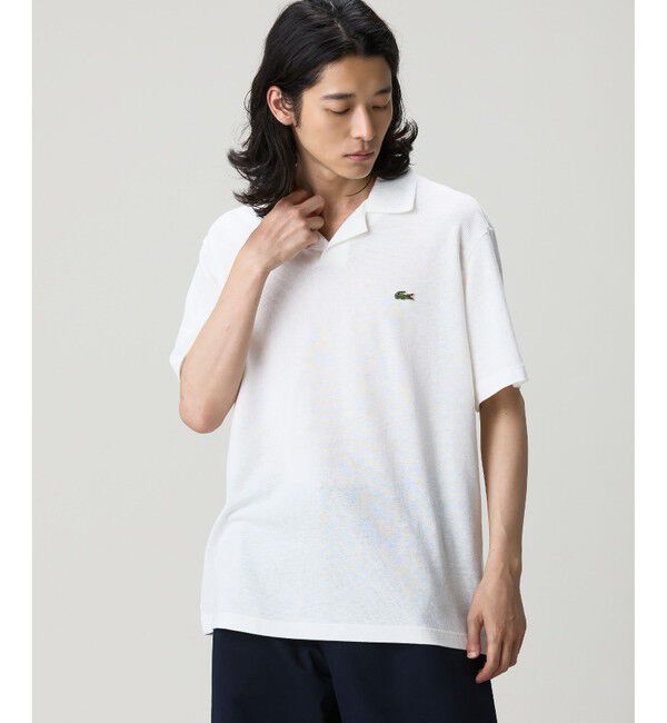 LACOSTE「コットン&times;リネン オープンカラーネックポロシャツ」|ポロシャツ|オフホワイト