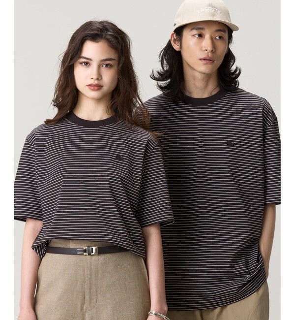 LACOSTE「【オンライン限定】LACOSTE  ボーダー リンガーネック 半袖Tシャツ」|Tシャツ・カットソー|ブラウン